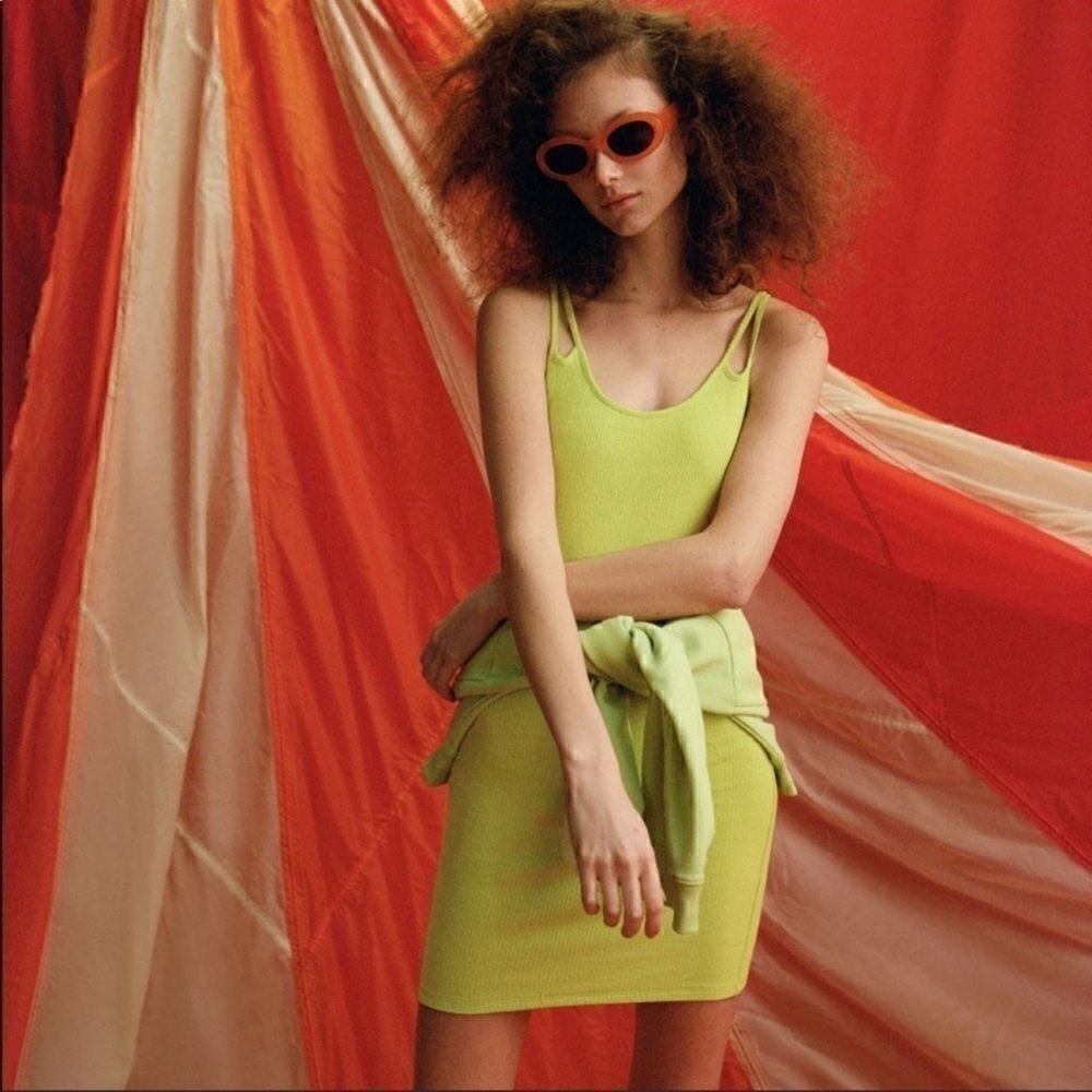 Zara Neon Lime Green Ribbed Body-Con Mini Dress L